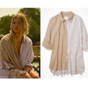 American Eagle Button Up Oversized Beach Shirt - Tan White Outer Banks OBX